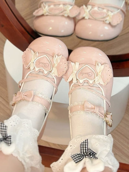Lolita Toe Candy Janes Details with Heart Themed Low-heel Mary Sweet Round Pink