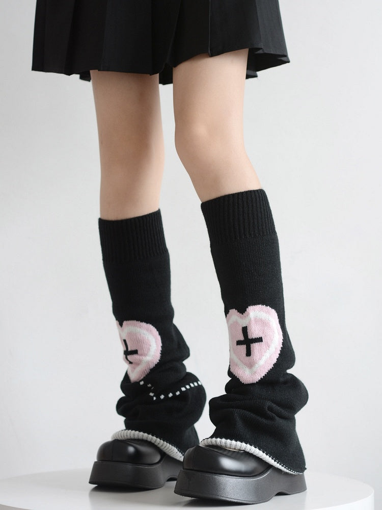 Pink Heart & Cross Pattern Black/White Flared Knitted Leg Warmers