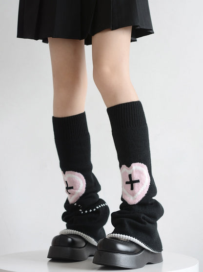 Pink Heart & Cross Pattern Black/White Flared Knitted Leg Warmers