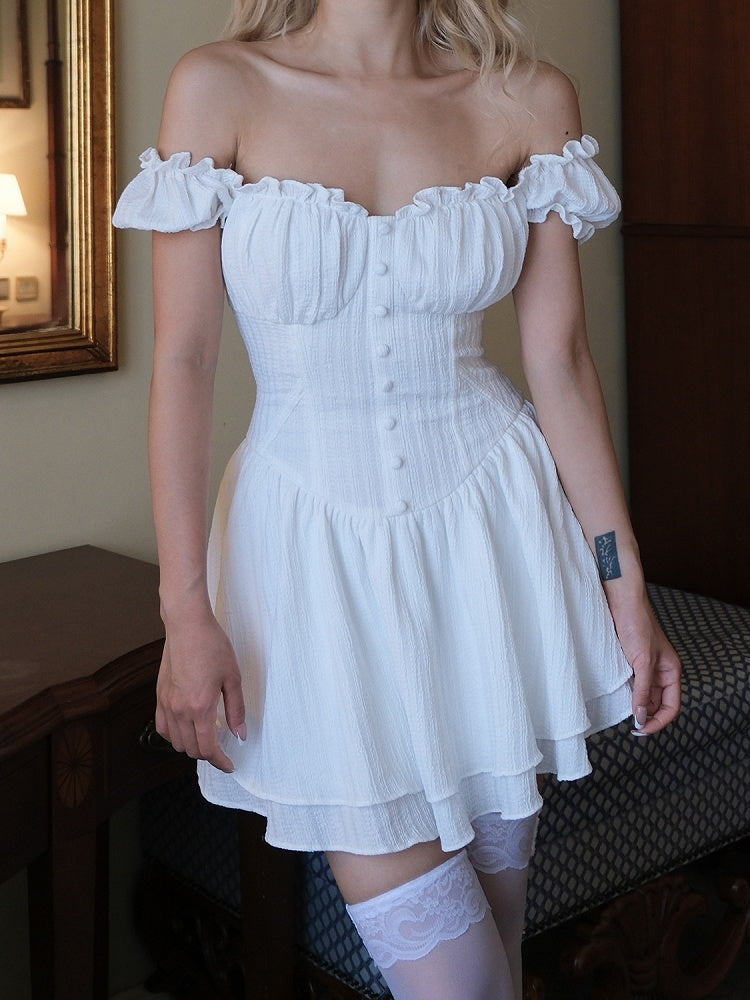 Weißes Vintage-Minikleid mit Rüschenausschnitt und kurzen Puffärmeln