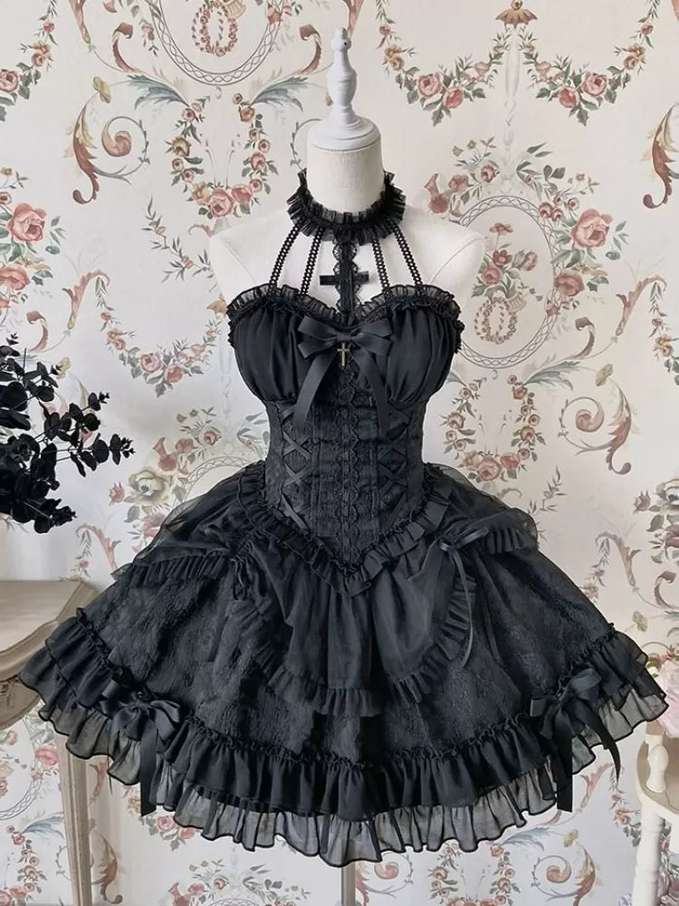 Cross Belle Rosa Neckholder-Korsettkleid Balletcore Lolita JSK