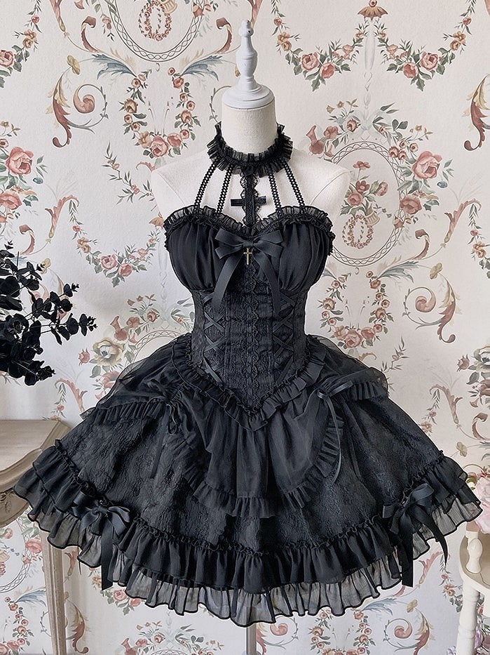 Neck Balletcore Corset Lolita Dress Pink Belle JSK Halter Cross