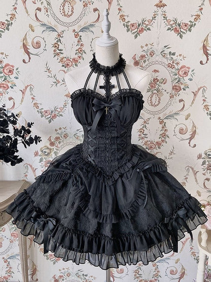 Neck Balletcore Corset Lolita Dress Pink Belle JSK Halter Cross