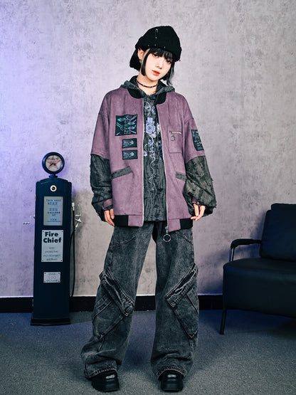 Gothic Gray with Sleeves Suede Jacket Distressed Faux Embroidery Bishop Purple Applique Baseball