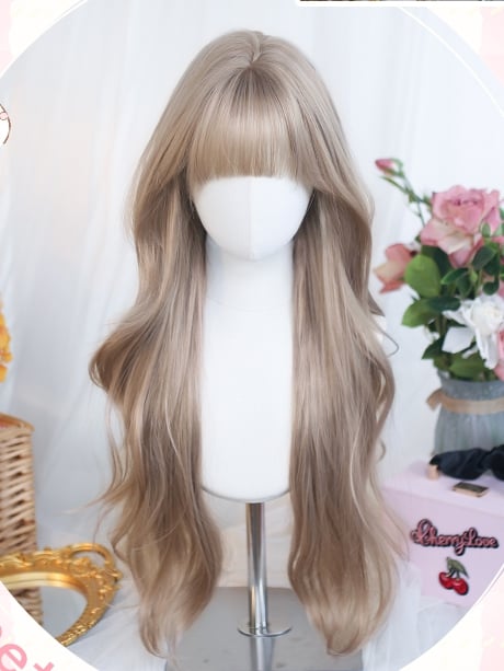 Hellbraune, lange, gewellte Ponyfrisur mit Perücke, 60–65 cm