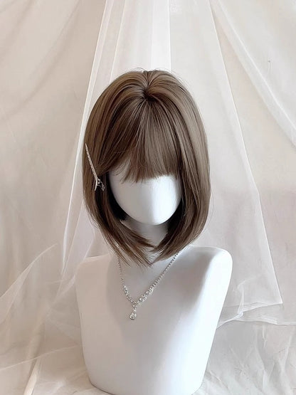 Short 30CM Full Straight Bangs with Brown Wig