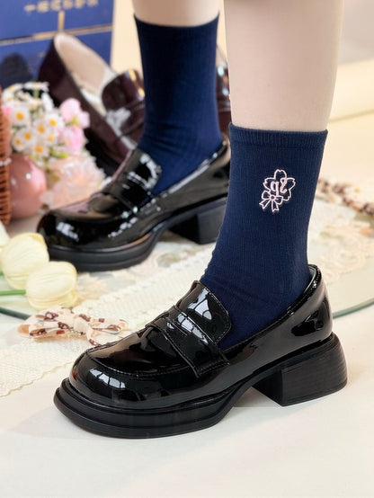 Fit Style Black JK Detachable in Loafers Mid-heel Design Print Academic Bear Bow Slip-in
