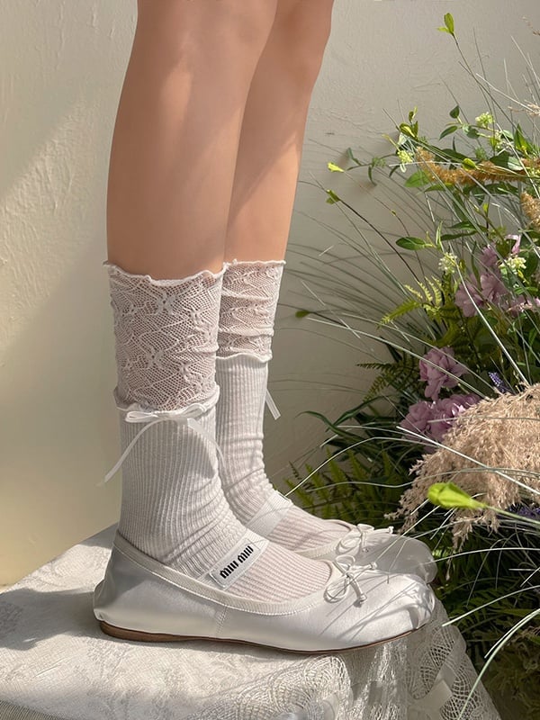 Lace with Calf Cuff Decoration Bow Socks White/Black/Pink