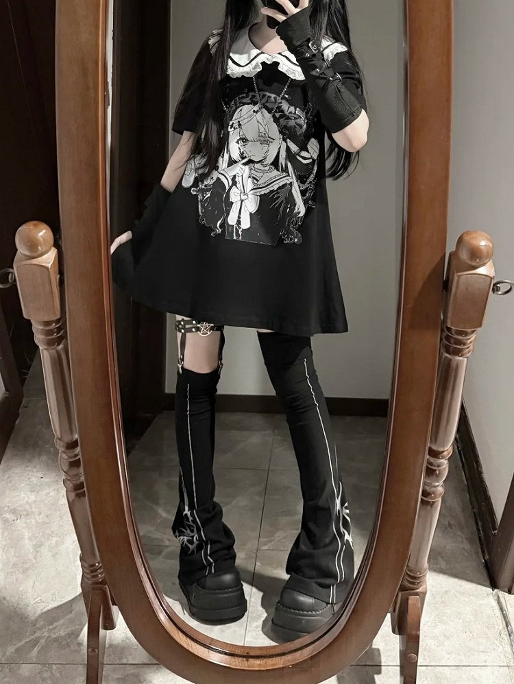Pan Jirai Kei T-shirt Collar Black Anime Girl Print Peter