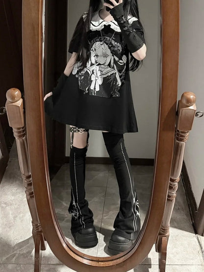Pan Jirai Kei T-shirt Collar Black Anime Girl Print Peter