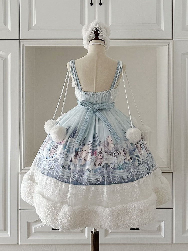 Sweet Winter High Waist Lolita JSK with Blue Penguin Print - Lineall Cat