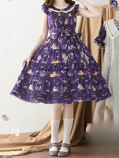 Modischer Lolita-Rock und Print, lila Hauspullover, traubenlanges Kleid, veränderbar, rosa Kätzchen