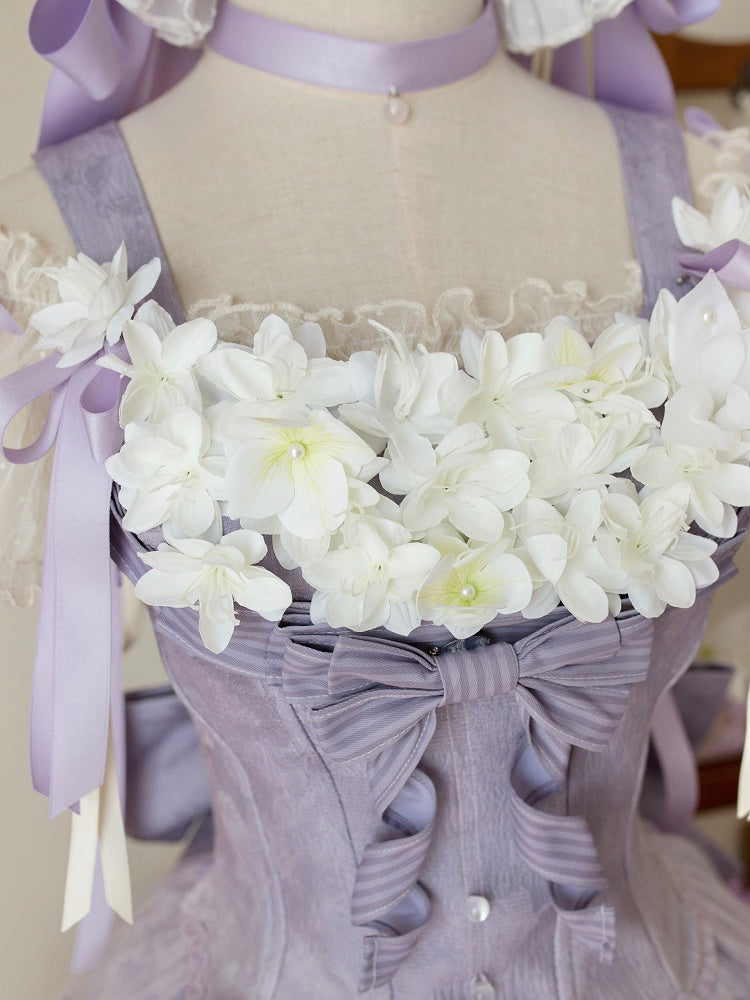 Klassischer Langer Rock Lolita Dekoration + Jasmine Top Print Set Lila Korsett Floral