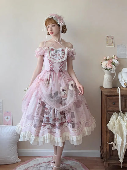 Taille gewellt rosa Trim Bunny Edge Prinzessin Kleid Rock Lolita Print Rüschen Baskisch