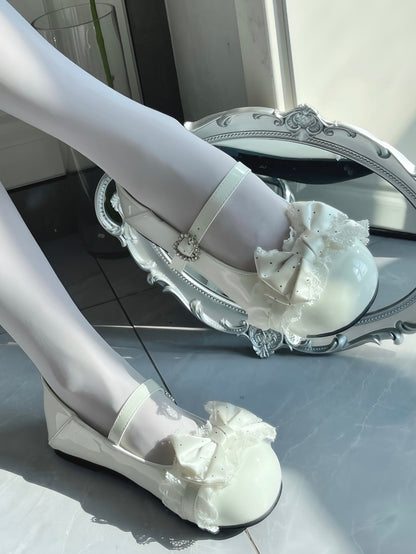 Round Toe White Mary Jane Flats - Dot Print Bow Accent, Lace Edging & Rhinestone Heart Closure