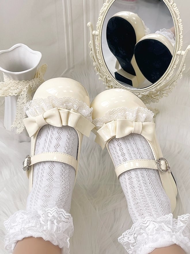 Details Accents Sweet PU Round Lace Beige Lolita Toe Shoes Bow in