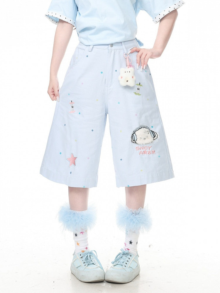 Blue Polka Dot Cropped Wide Pants with Puppy Embroidery - Languid Park