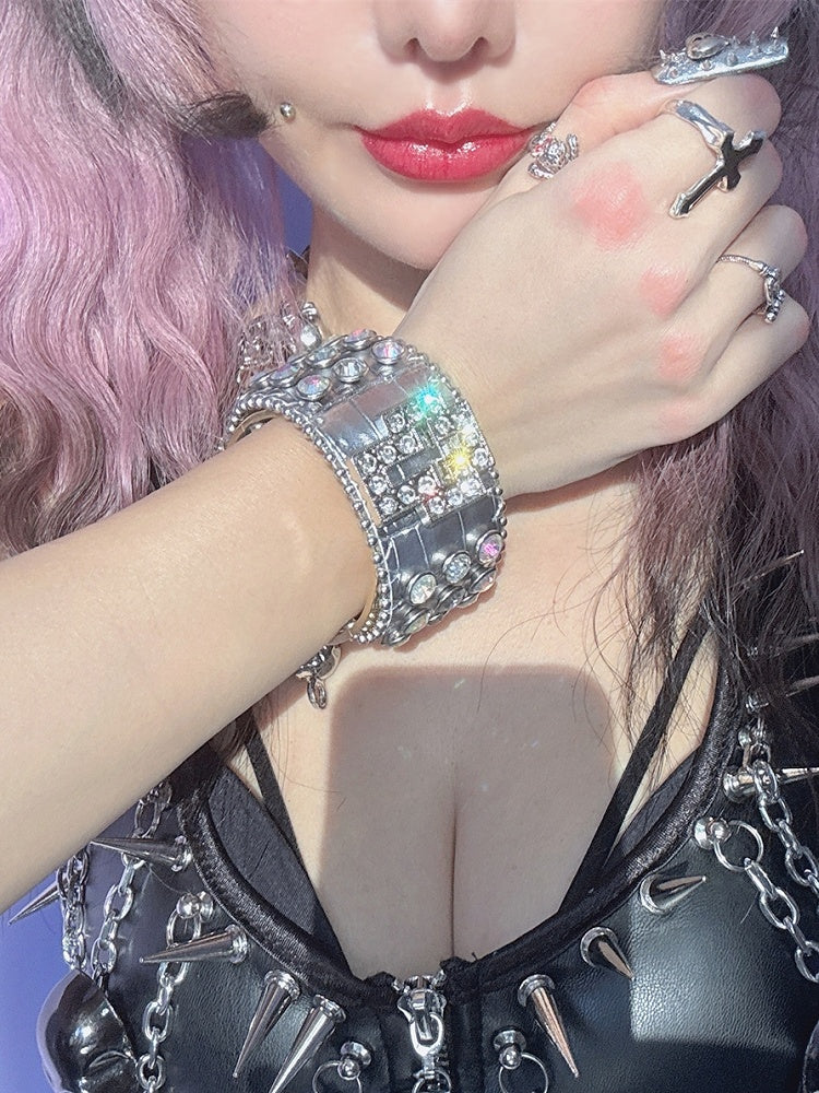 Red/Black/Silver Wristband Y2K Rhinestone Bracelet Decorated Cross Design