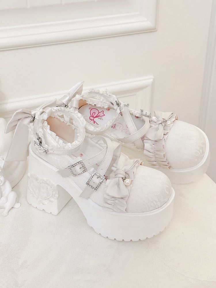 Gather Mary Rhinestone Accents Off-white Heel Edging High with Janes Clasp Block - Bow
