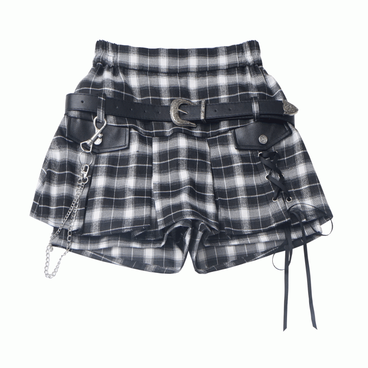 Y2K Lace-up Black Detail Plaid Skort with Buckle Belt and Chain White/ Khaki