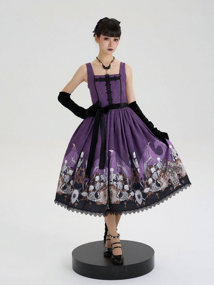 Purple Square Neck Skeleton Cross Gothic JSK - NnSTAR