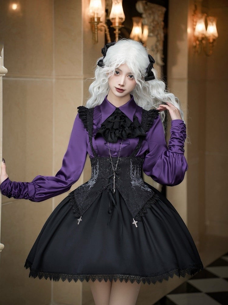 Foldover Shirt Ruffles Sleeves Pointed Lolita Long Purple Cascading Collar Gothic