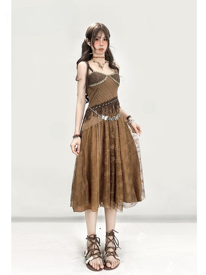 Millard Fashion Wasteland Punk Vintage Brown V-neck Floral Trim Glamorous Cami Dress With Overlay