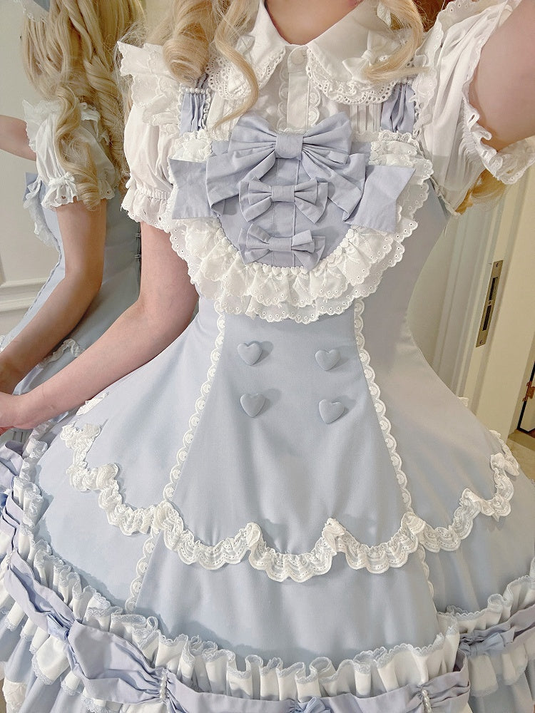 Layered Ruffle Old Bows White and Blue Decorated Sweet Hemline