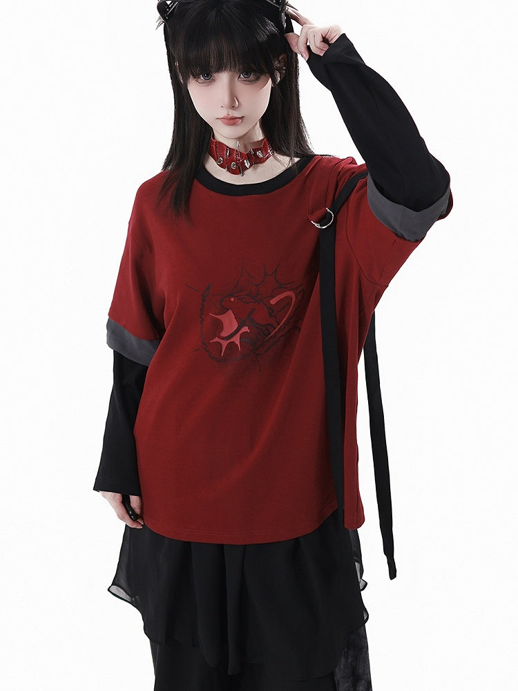 Sleeves Top with Cheongsam Graphic Style Red Black Detachable and