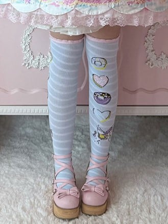 Over Striped Knee Donut Unicorn Pattern Print Lolita Pink/Yellow/Blue/Purple Stockings