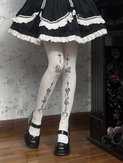 Strumpfhose Schmetterling und Kandelaber Print Gothic Lolita Weiß