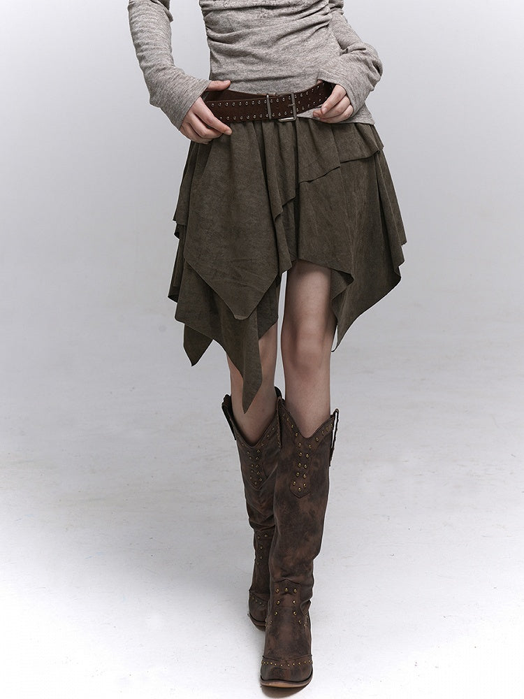 Brown Hem Millard Suede Wasteland Skirt Handkerchief A-Line Fashion Punk