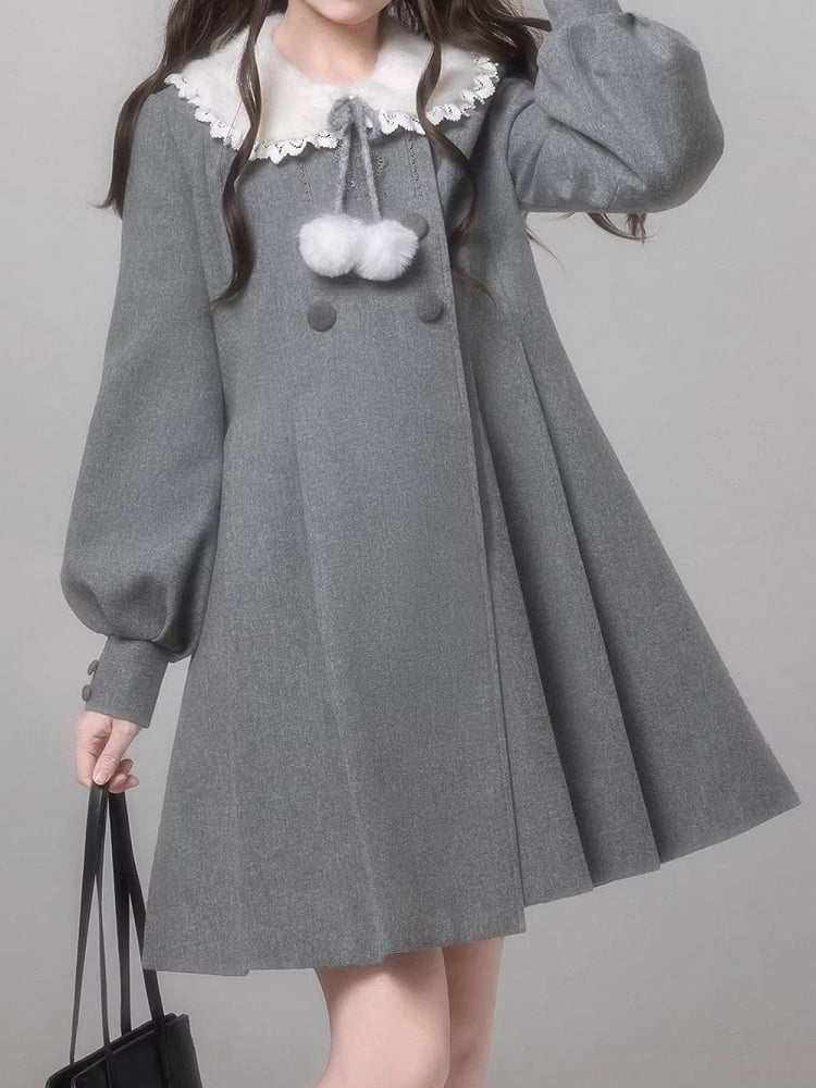 Coat Decor Pom-Pom Wool Waist-Tie Gray Aesthetic