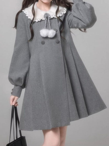 Coat Decor Pom-Pom Wool Waist-Tie Gray Aesthetic