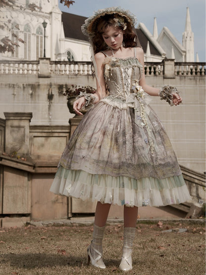 Green Oil Painting Print Flowers Tulle Hemline Lolita Skirt