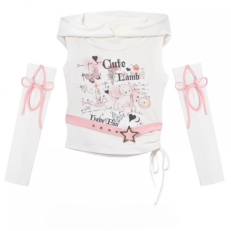 Buckle Armwear Lamb Print White Hooded Free Y2K Cute Tank Top with Star