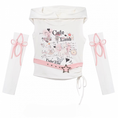Buckle Armwear Lamb Print White Hooded Free Y2K Cute Tank Top with Star