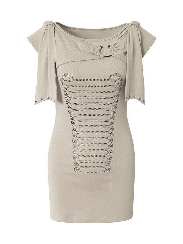 Beige-Grey Knit Short-Sleeve Top with Rhinestone Design - NO ROMANCE
