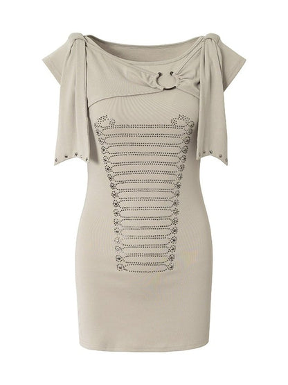 Beige-Grey Knit Short-Sleeve Top with Rhinestone Design - NO ROMANCE