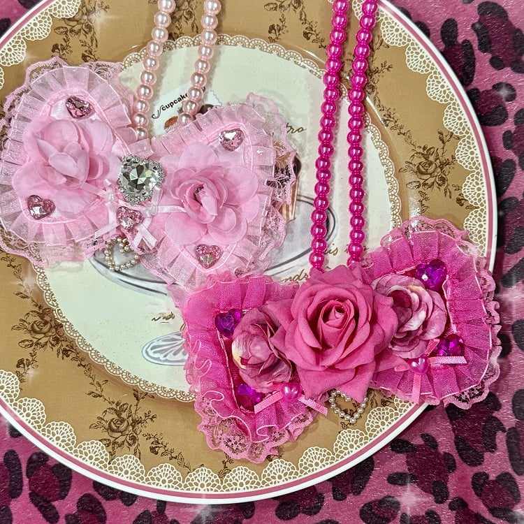 Rhinestone Pink Trim Decorated Necklace Lace Beaded Pendant Bowknot Light/Dark