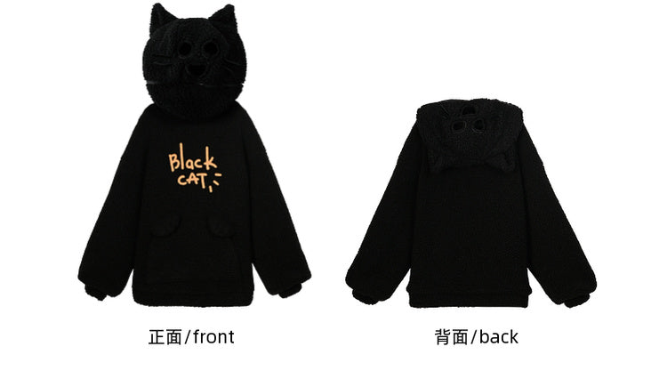Black Cat Head Hood Fleece Hoodie