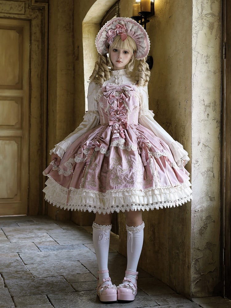 Lolita Kerzendekoration Kleid Schleifen JSK Samt Stickerei / Rosa