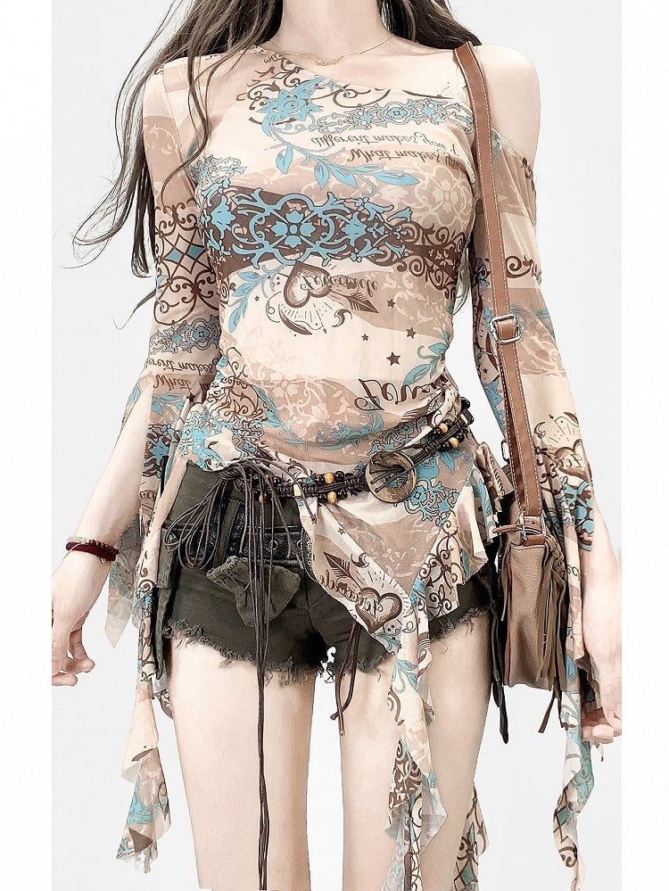 Print Cascading Asymmetrical Accents Ruffle Design Khaki Neckline