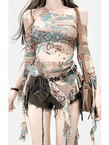 Ruffle Asymmetrical Cascading Neckline Khaki Design Print Accents