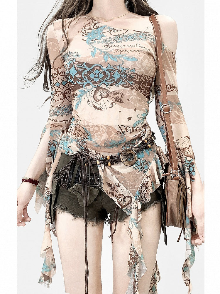 Design Neckline Print Cascading Accents Asymmetrical Long Ruffle Top Khaki Sleeves