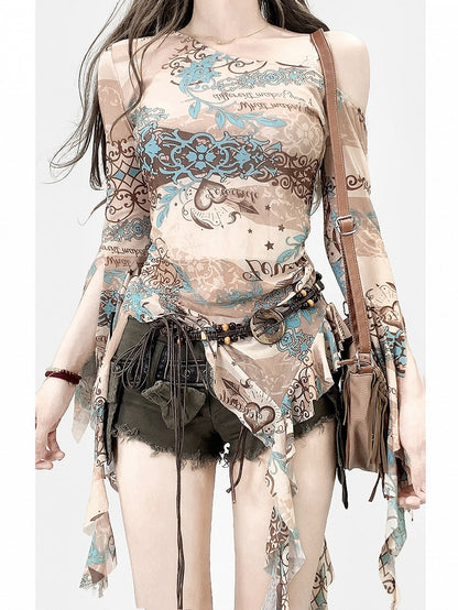 Design Neckline Print Cascading Accents Asymmetrical Long Ruffle Top Khaki Sleeves