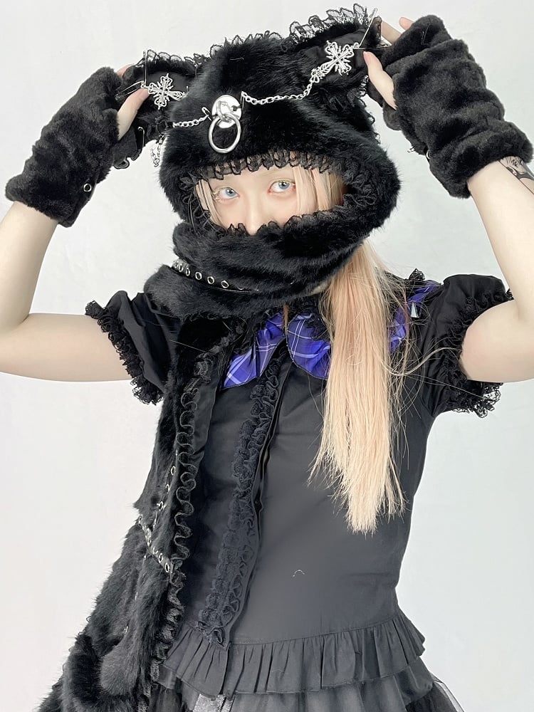 Ear Scarf Plush Cat with Hat Gothic Punk Details Metal