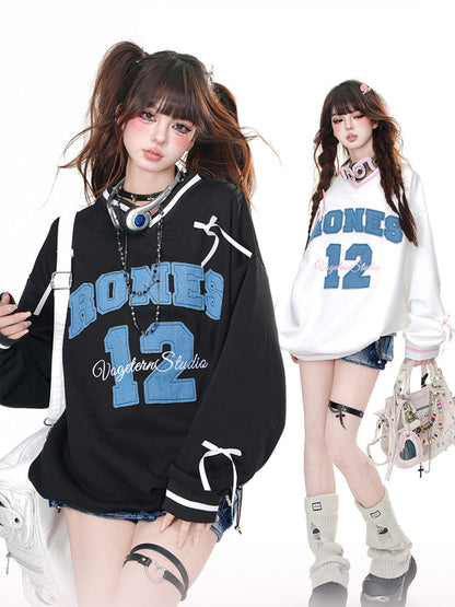 Schwarz/Weißes V-Ausschnitt-Zahlenapplikationen-Schleifen-loses Sweatshirt