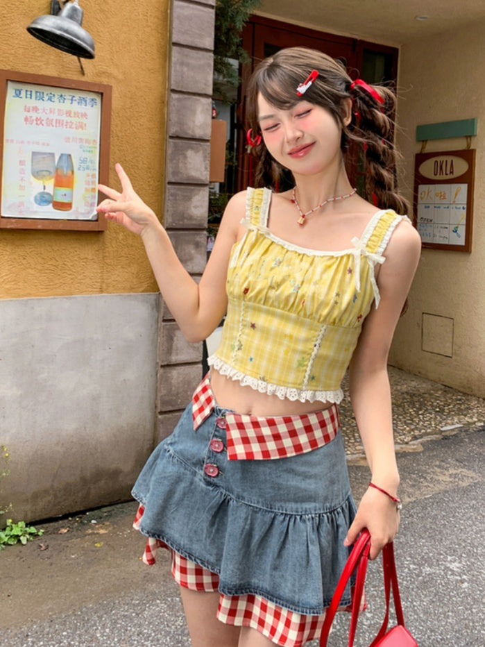 トリムレーススタープリントトップ イエローチェック柄 クロップド丈 ノースリーブ