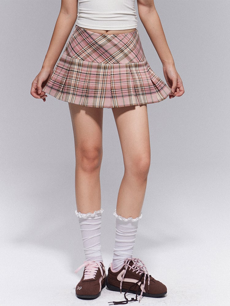 Plaid Lined Pleat Preppy Zipper Style Side Box A-Line Silhouette Pink with Skirt Mini